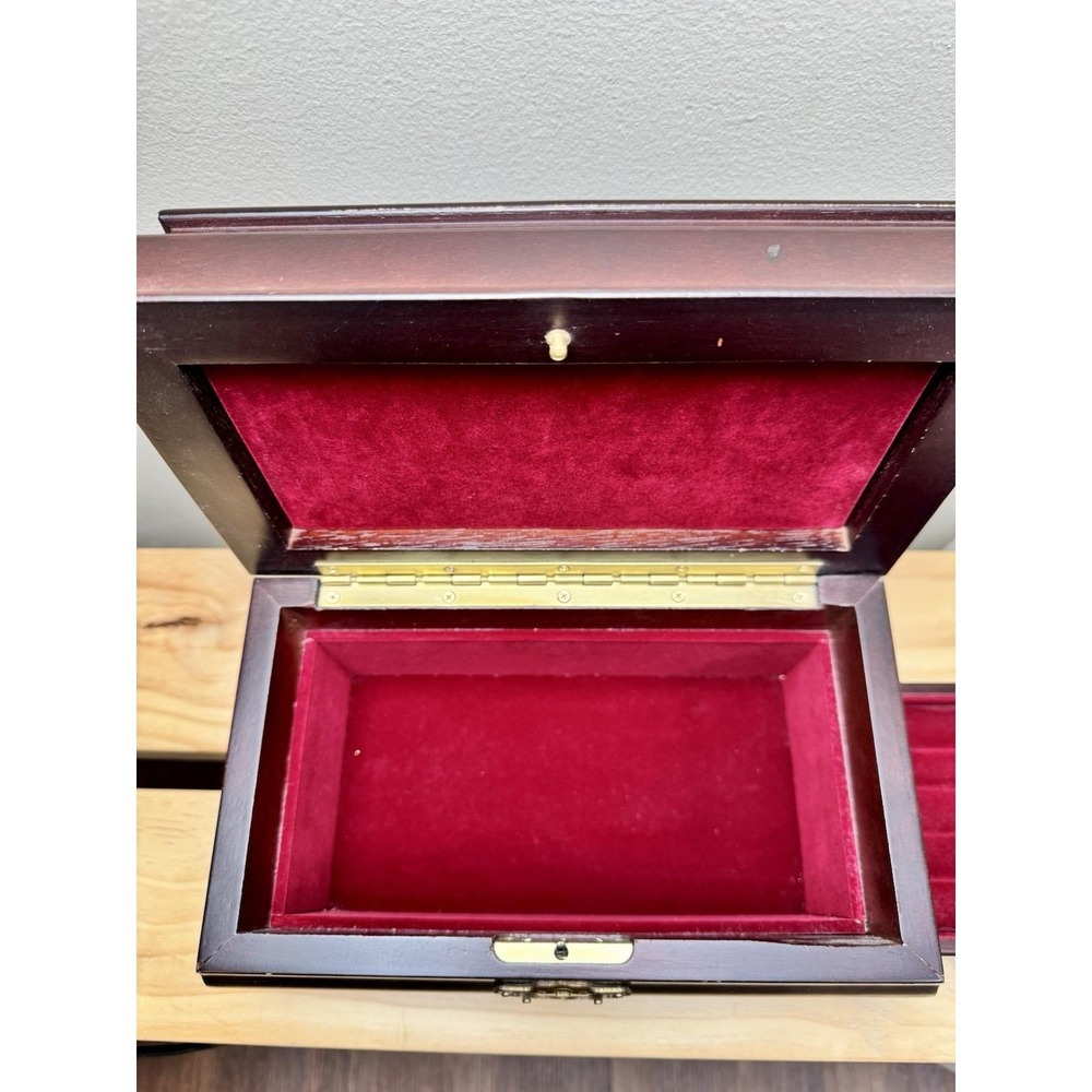 VTG Bombay Style Wooden Jewelry Box  Brass Cherry‎ Tone Red Velvet Interior - Picture 8 of 10